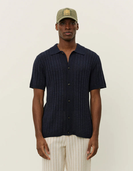 Les Deux Floyd Linen Knitted S/S Shirt - Navy