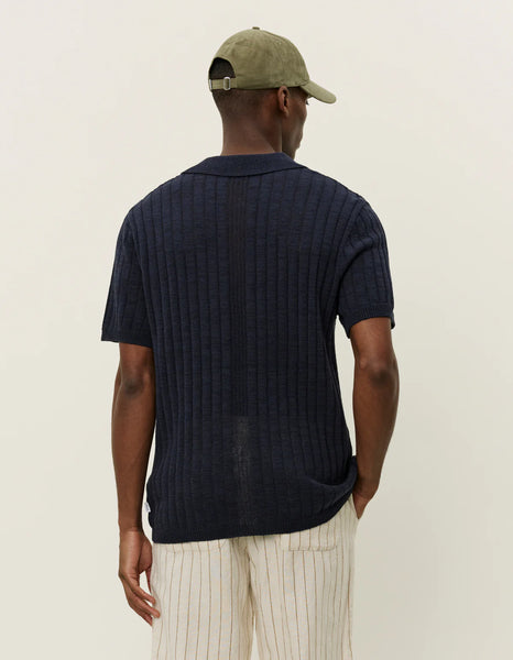 Les Deux Floyd Linen Knitted S/S Shirt - Navy
