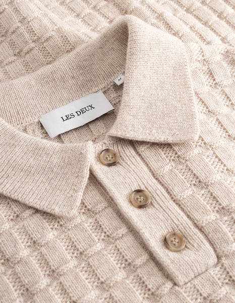 Les Deux Gustav Squared Structure L/S Knitted Polo - Light Sand Melange