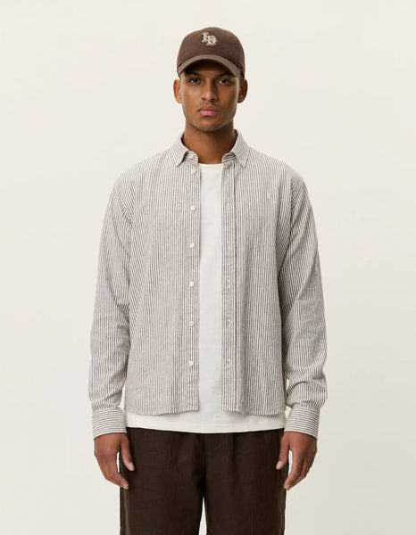Les Deux Konrad Stripe L/S Cotton-Linen Shirt - Teak Brown