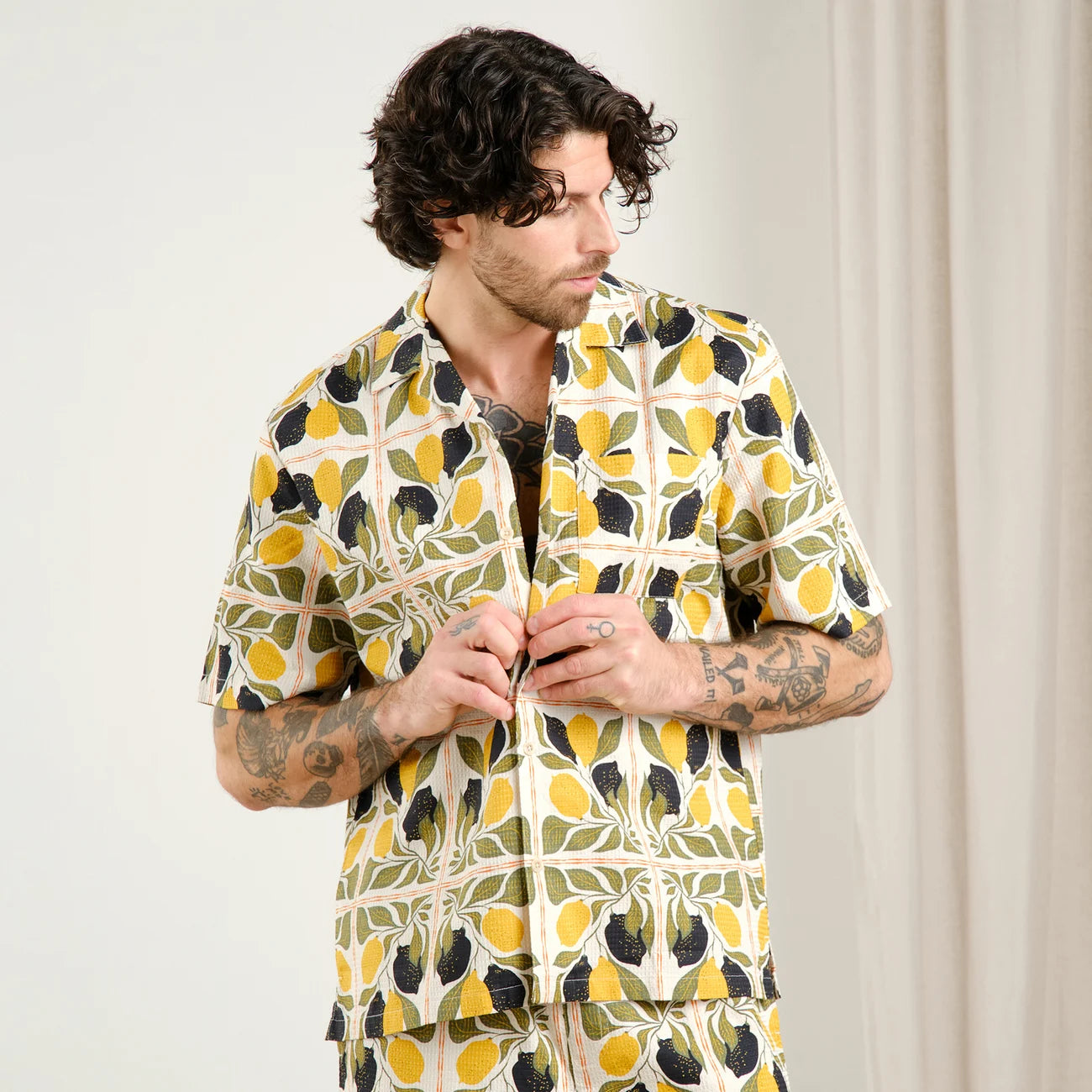 Dedicated Marstrand Lemon Tiles S/S Shirt - Oat White
