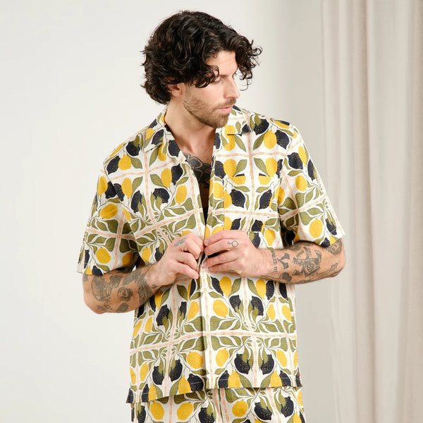Dedicated Marstrand Lemon Tiles S/S Shirt - Oat White