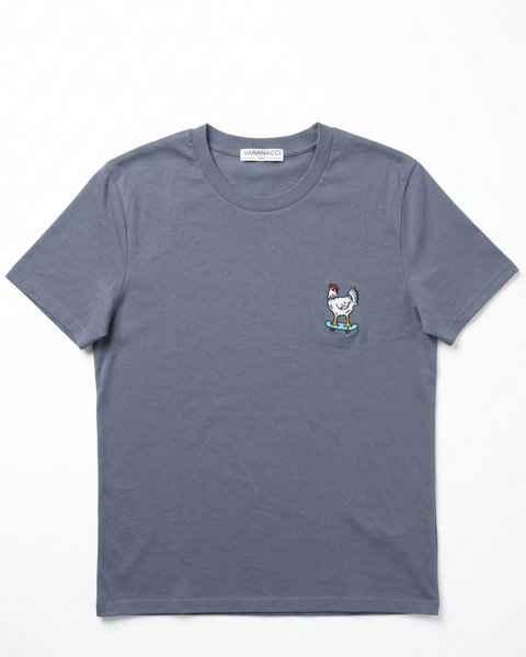 Varanacci Emroidered  Organic Chicken On A Skateboard  Tee - Blue Grey