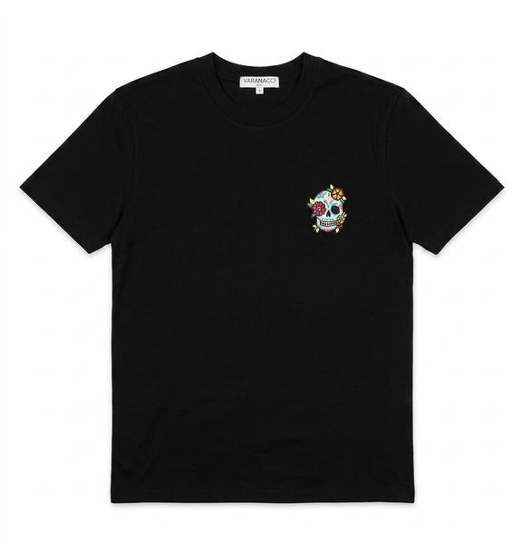 Varanacci Emroidered Floral Skull Organic Tee - Black