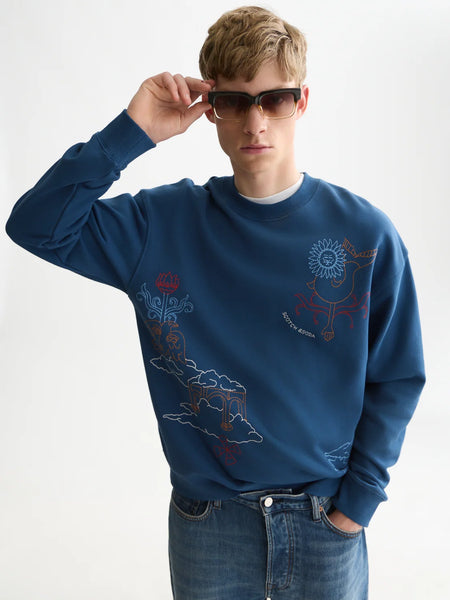 Scotch & Soda Embroidered Relaxed Fit Sweatshirt - Ensign Blue