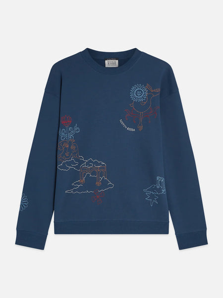 Scotch & Soda Embroidered Relaxed Fit Sweatshirt - Ensign Blue