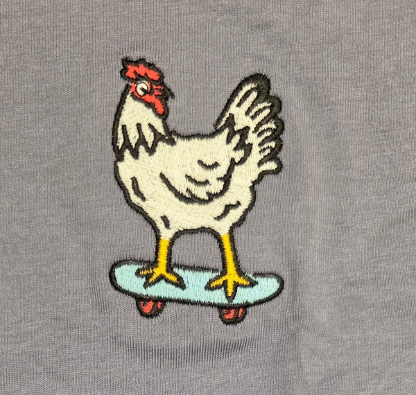 Varanacci Emroidered  Organic Chicken On A Skateboard  Tee - Blue Grey