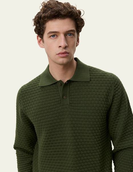 Les Deux Check Structure Knit Polo - Rifle Green