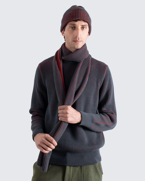 Far Afield Ribbed Knit Scarf - Grey/Red