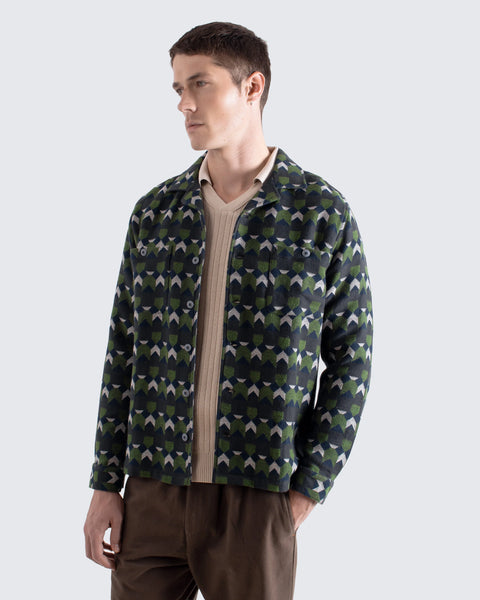 Far Afield Hiro Overshirt Jacket - Arrows Box Fit - Green/Multi Brushed Jacquard
