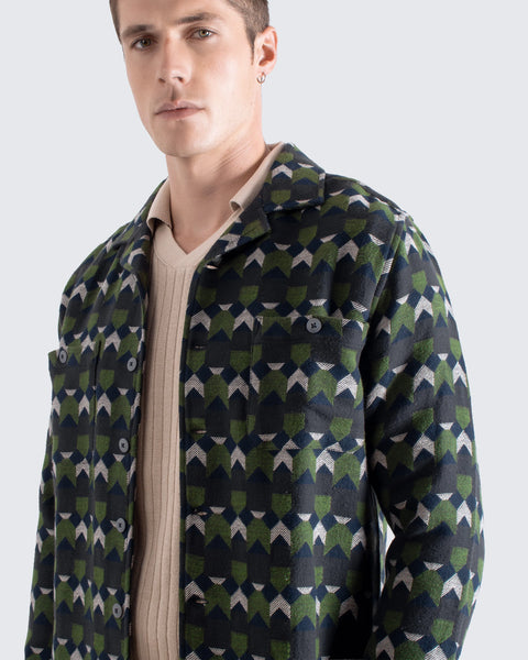 Far Afield Hiro Overshirt Jacket - Arrows Box Fit - Green/Multi Brushed Jacquard