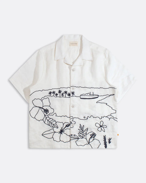 Far Afield Veloso Landscape  Linen S/S Shirt - White