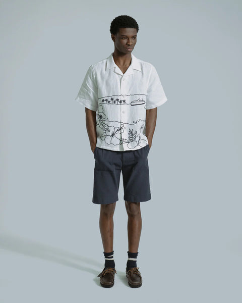 Far Afield Veloso Landscape  Linen S/S Shirt - White