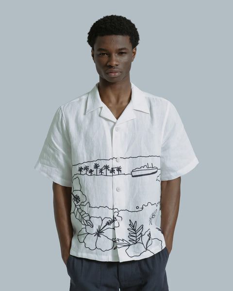 Far Afield Veloso Landscape  Linen S/S Shirt - White