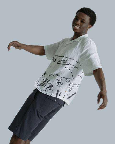 Far Afield Veloso Landscape  Linen S/S Shirt - White