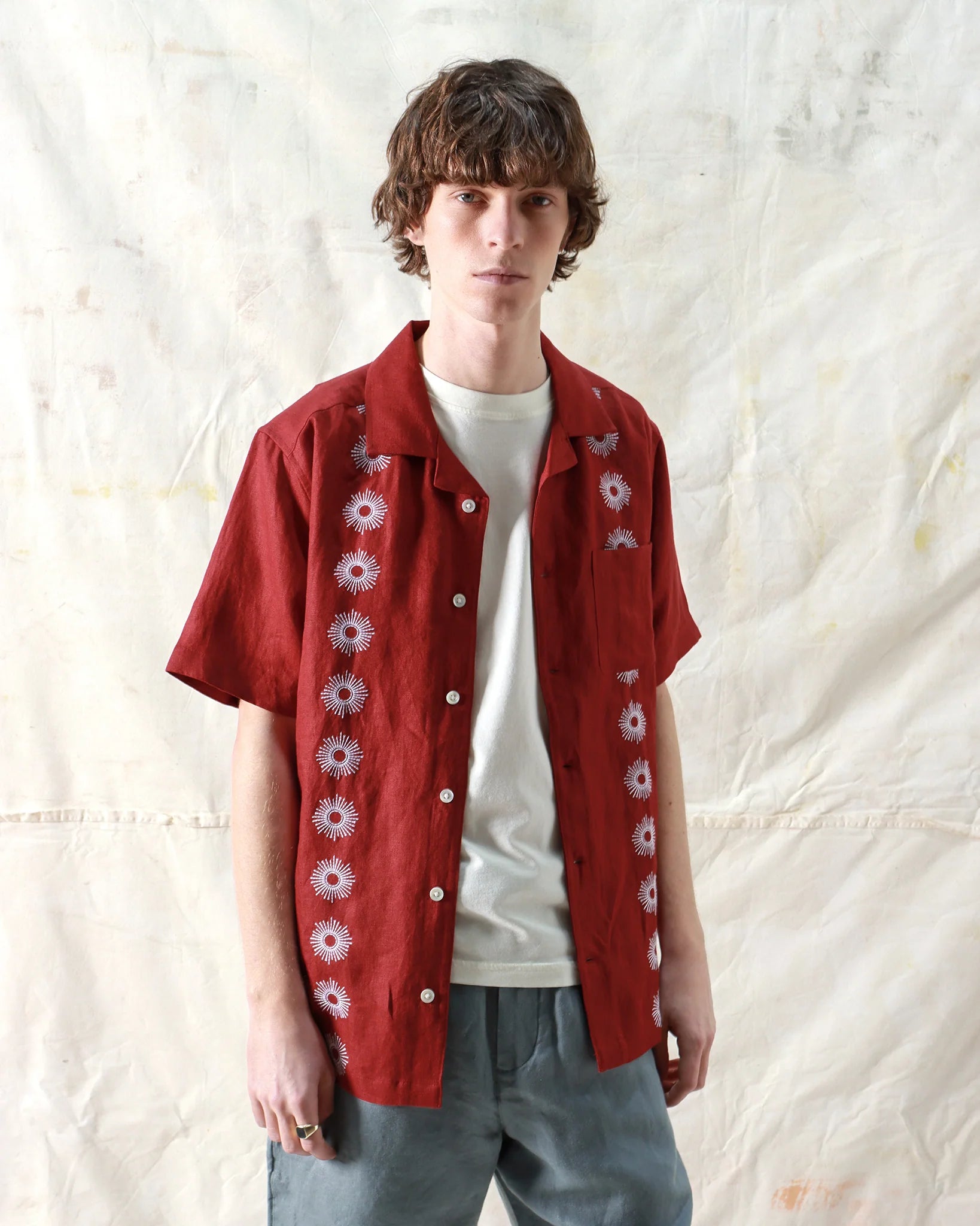 Farafield Stachio Linen S/S  Shirt - Sol Stripe/Deep Red