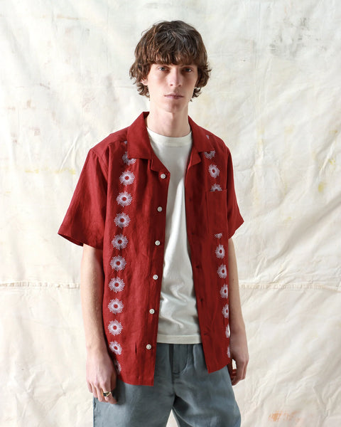 Farafield Stachio Linen S/S  Shirt - Sol Stripe/Deep Red