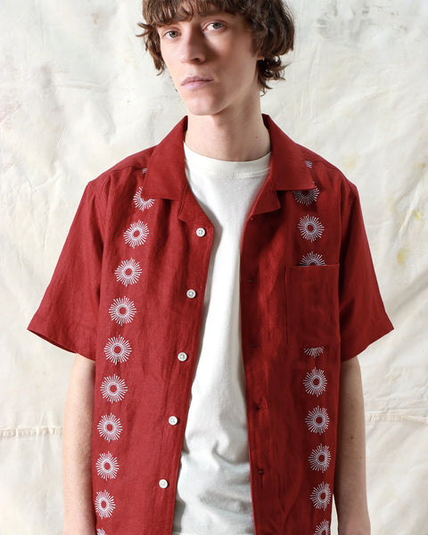 Farafield Stachio Linen S/S  Shirt - Sol Stripe/Deep Red