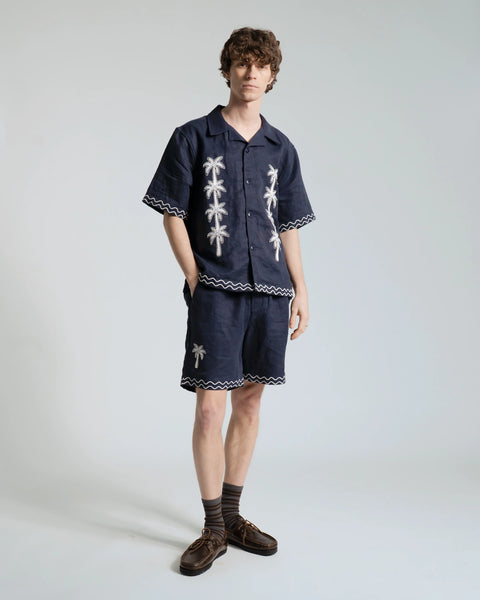 Far Afield Veloso Palm Applique Linen S/S Shirt - Blue