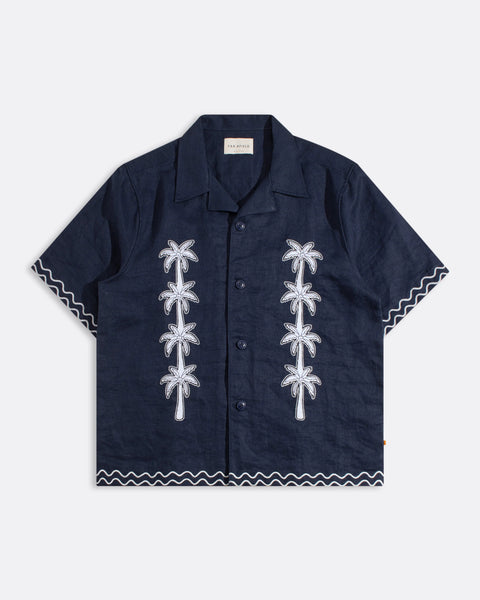 Far Afield Veloso Palm Applique Linen S/S Shirt - Blue