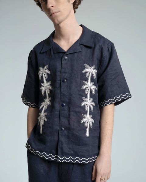 Far Afield Veloso Palm Applique Linen S/S Shirt - Blue