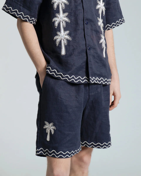 Far Afield Veloso Palm Applique Linen S/S Shirt - Blue