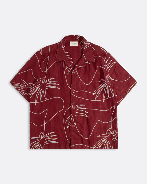 Far Afield Palm Embroidery Veloso  Linen S/S Shirt - Red