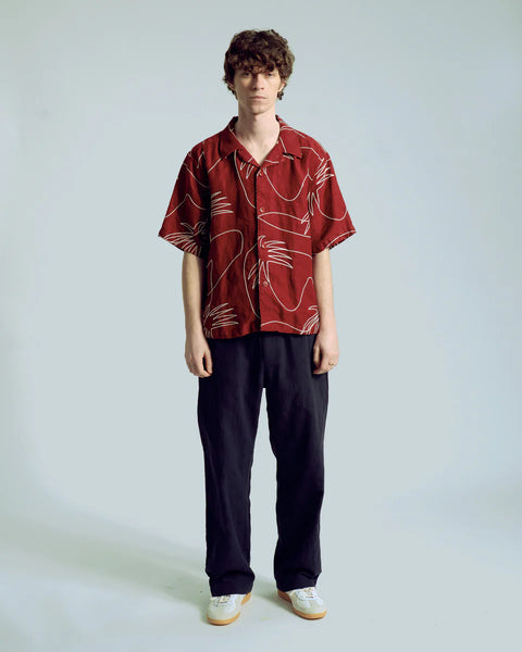 Far Afield Palm Embroidery Veloso  Linen S/S Shirt - Red