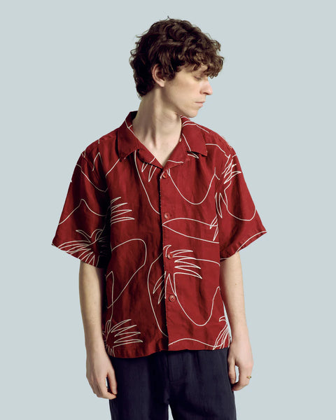 Far Afield Palm Embroidery Veloso  Linen S/S Shirt - Red