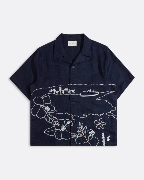 Far Afield Veloso Landscape Linen S/S Shirt - Navy