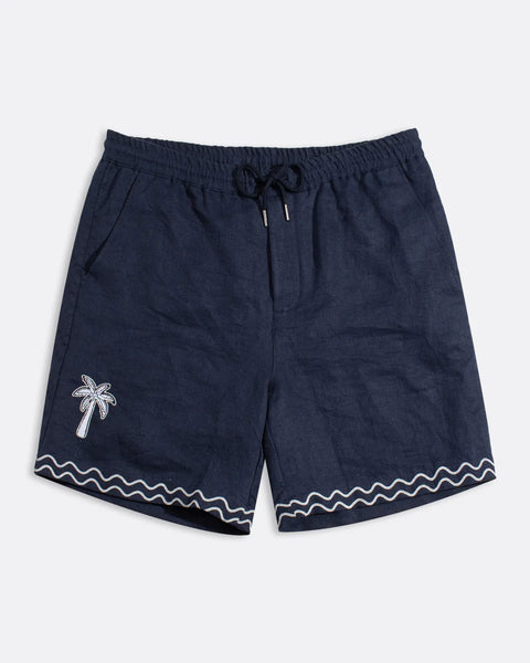 Far Afield Palm Applique House Linen Shorts - Blue