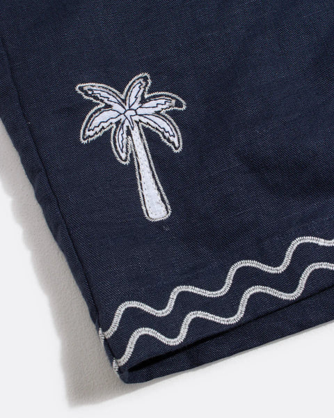 Far Afield Palm Applique House Linen Shorts - Blue