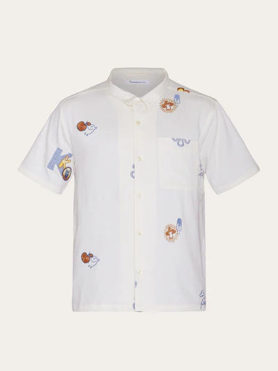 Knowledge Cotton Embroidered S/S Box Fit Shirt - Egret