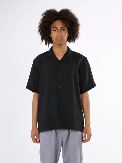 Knowledge Cotton Box Linen S/S Shirt - Black Jet