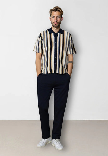 Clean Cut Copenhagen Daniel Knitted S/S Shirt Ecru/Blue Stripe
