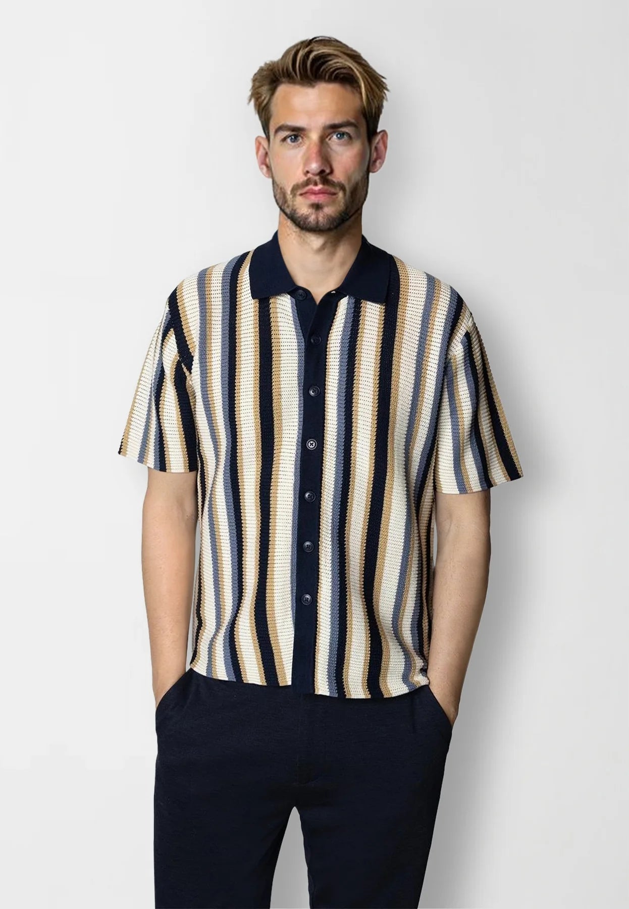 Clean Cut Copenhagen Daniel Knitted S/S Shirt Ecru/Blue Stripe