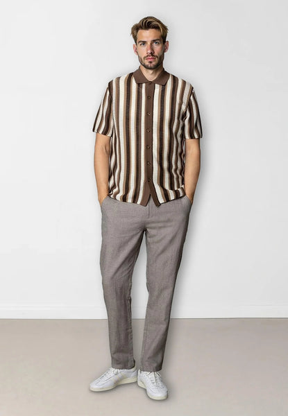 Clean Cut Cophagen Daniel Knitted S/S Shirt - Ecru/Brown Stripe