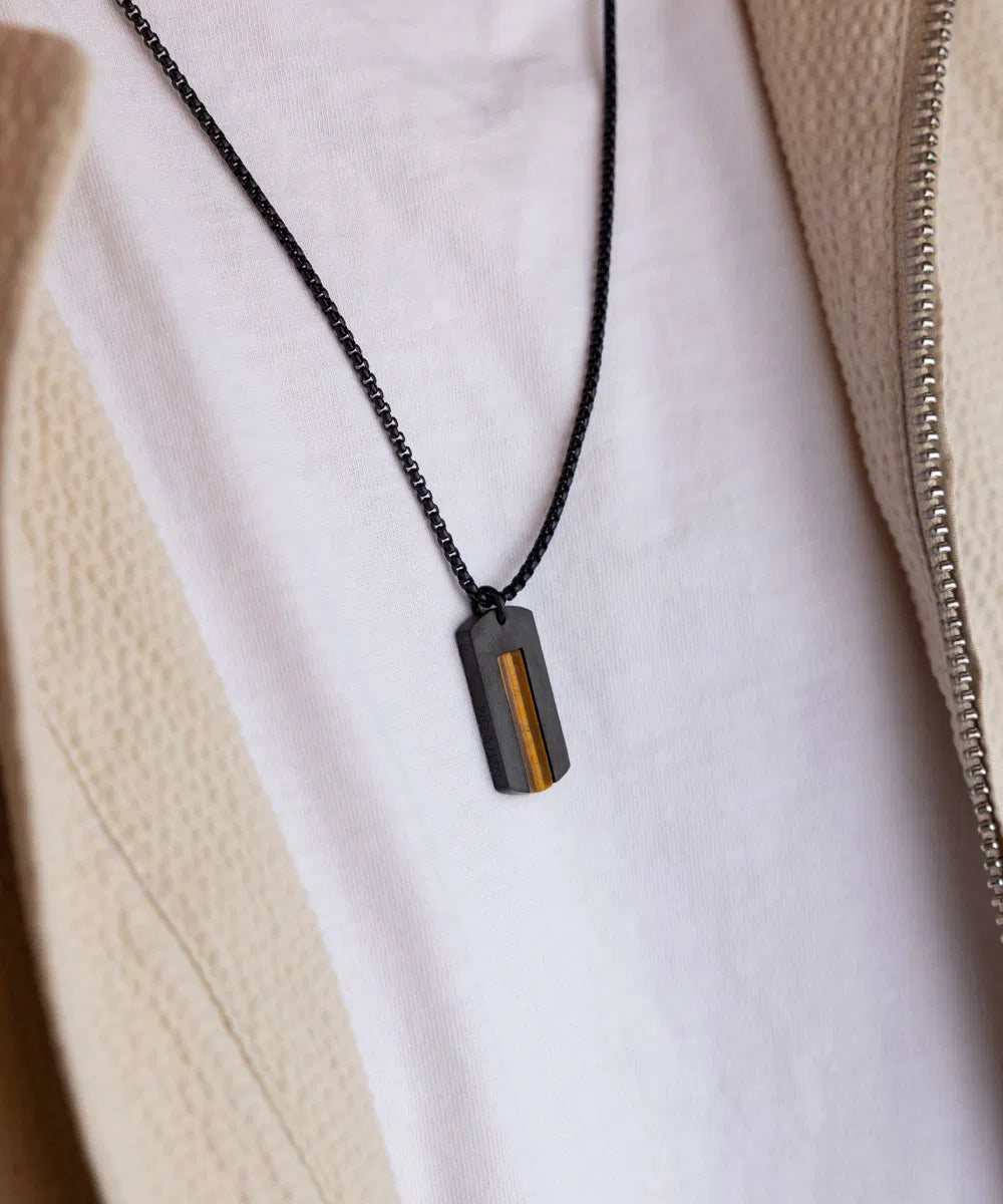Pig & Hen Dogtag Necklace 60 cm - Tiger Eye/Black
