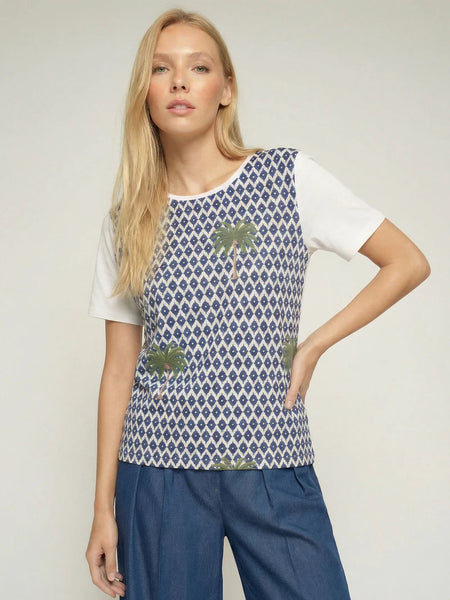 Vilagallo - Ikat Palm Tree Tee - Blue/White