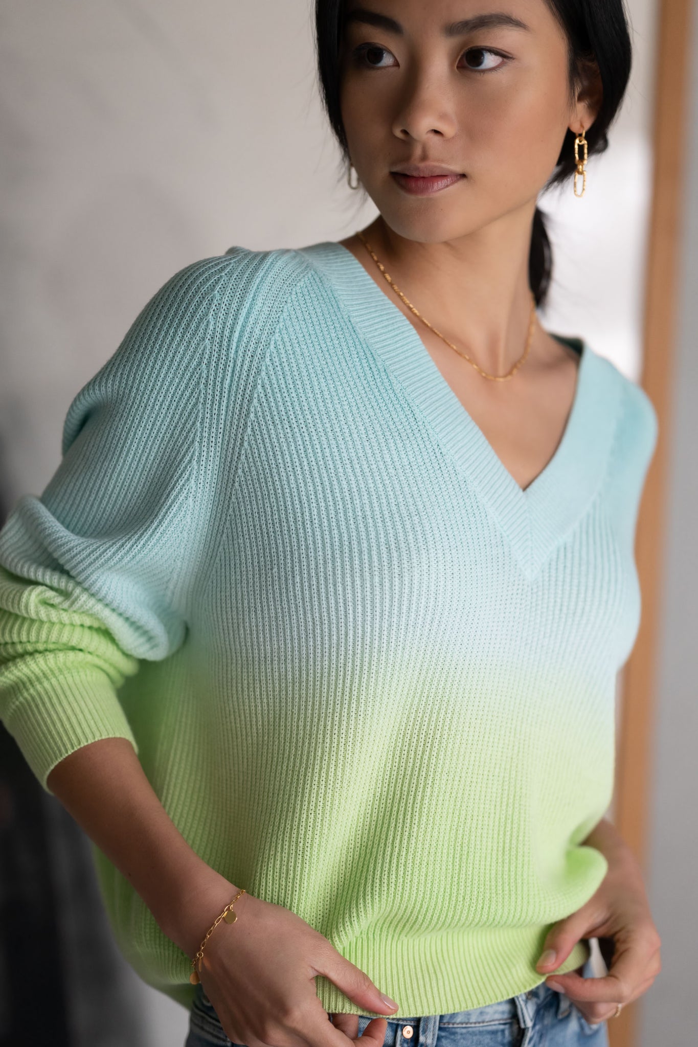 Maya Long Sleeve V-Neck Knit - Blue/Green Ombré