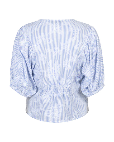 Red Button - Balloon Sleeve Blouse - Blue