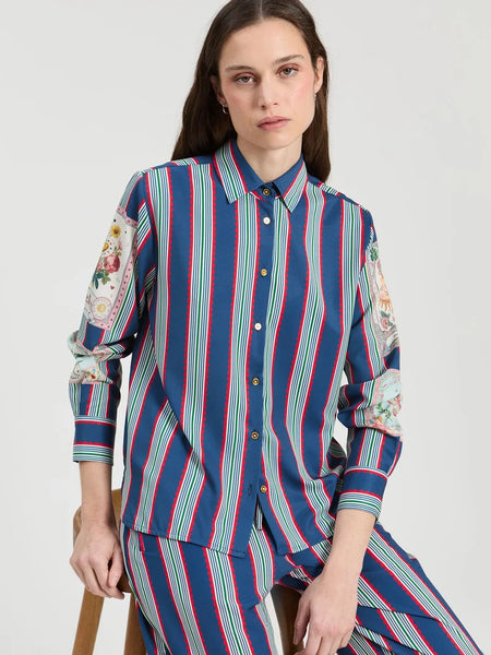 Vilagallo - Stripe Shirt with Post Card Images - Teal Stripe