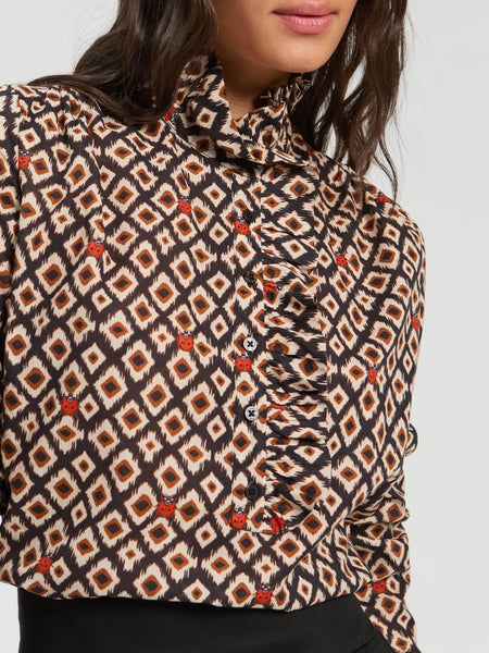 Vilagallo - Ikat Shirt with Ladybirds - Black/Brown/Orange
