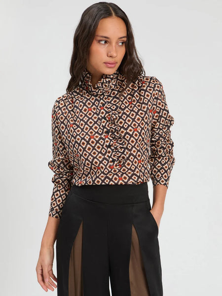 Vilagallo - Ikat Shirt with Ladybirds - Black/Brown/Orange