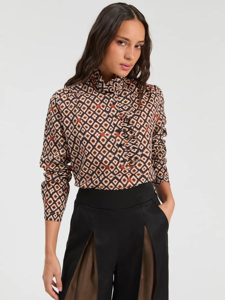 Vilagallo - Ikat Shirt with Ladybirds - Black/Brown/Orange