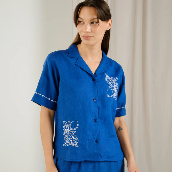 Dedicated - Torup Linen Embroidered Shirt - Limoges Blue