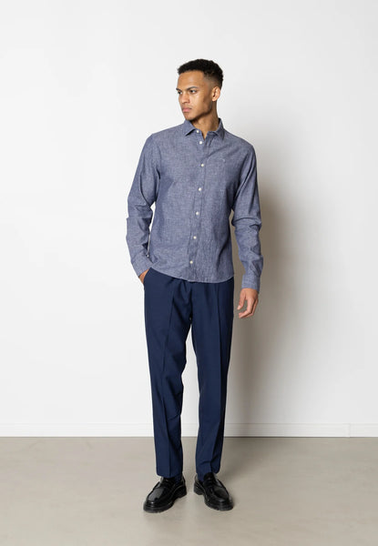 Clean Cut Copenhagen Jamie Cotton Linen  L/S Shirt - Dark Blue Melange