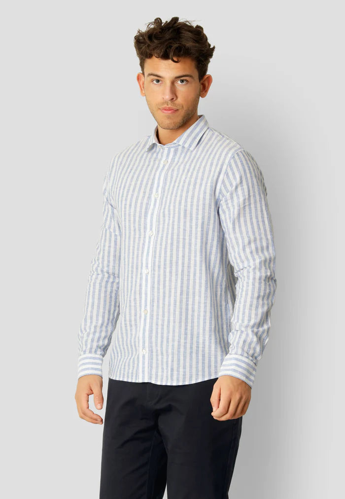 Clean Cut Copenhagen Jamie Cotton Linen  L/S Striped Shirt - Blue Melange/Ecru