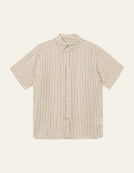 Les Deux Kris Striped S/S Linen Shirt - Desert Sand/Light Ivory