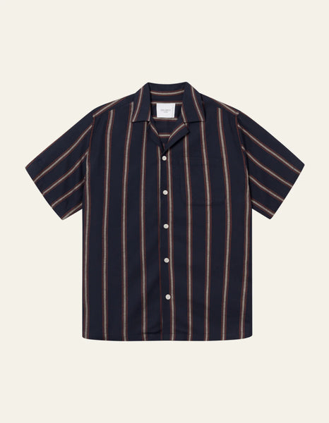 Les Deux Lawson S/S Stripe Shirt - Dark Navy/Light Camel